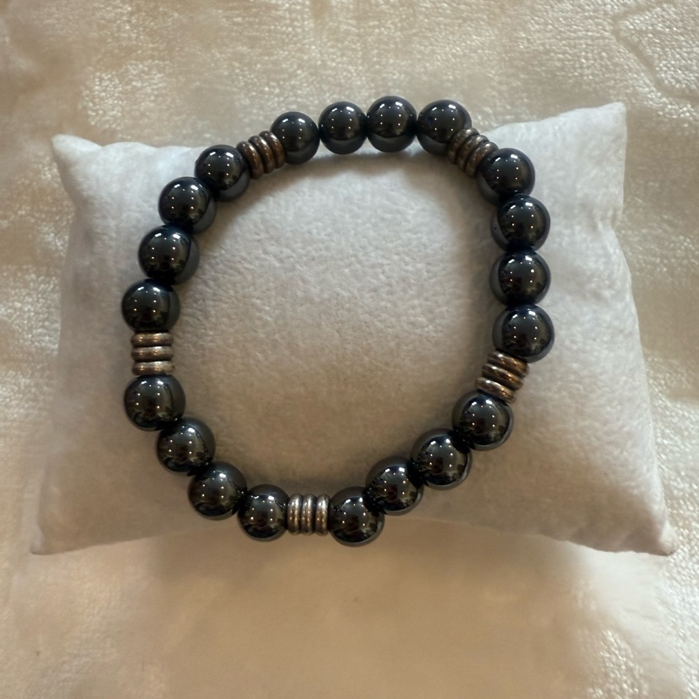 Natural Hematite Stretch Bracelet Silver Spacers-Handmade Unisex Healing Jewelry - Picture 2 of 3